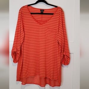 Torrid Orange Striped Tunic Top Sheer Chiffon Back V-Neck Hi Low Hem Size 2X